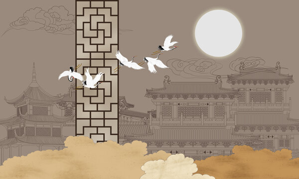 手绘楼阁装饰画