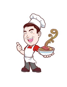 卡通中年男厨师端碗面形象矢量图