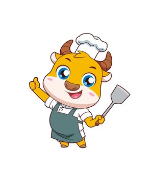 卡通可爱小牛厨师点赞形象矢量图
