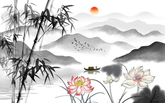 墨竹荷花山水画