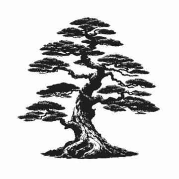 矢量古树中国风剪影印花
