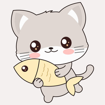 可爱灰色小猫抱鱼矢量印花图案