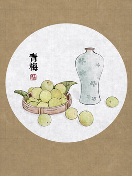 青梅和花瓶静物国画风格插画