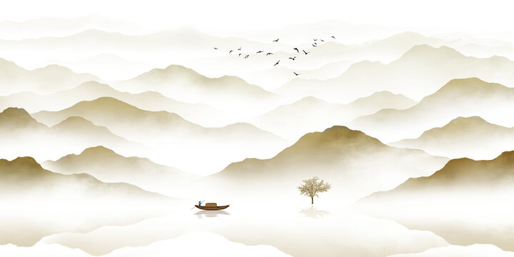 新中式意境山水画背景墙