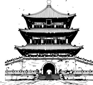 陕西西安钟楼黑白线稿