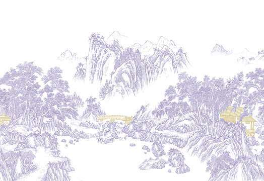 手绘线描古建筑山水描金画