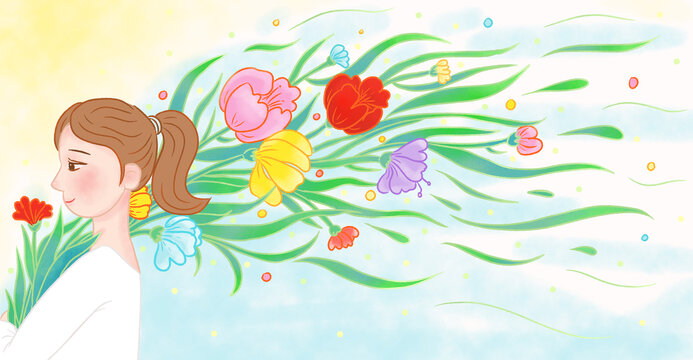 美丽女孩抱着花手绘插画