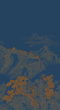 禅意线描山水画描金中式山水挂画