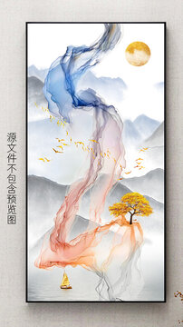 新中式发财树抽象水墨山水玄关画