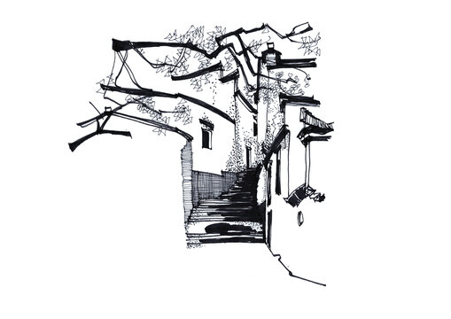 徽派建筑手绘
