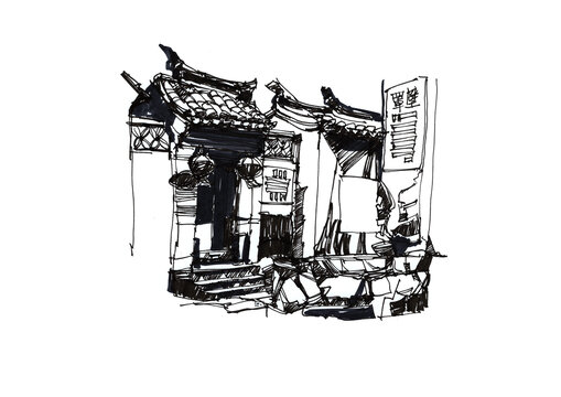 徽派建筑手绘