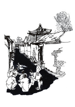 徽派建筑手绘