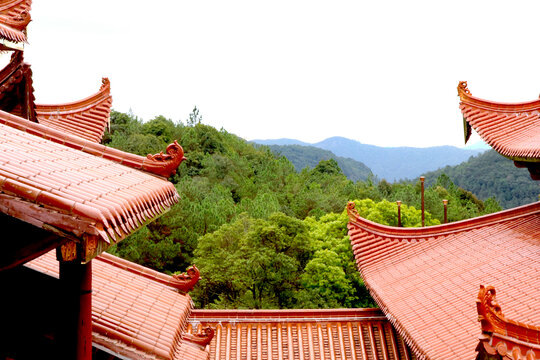 山上的寺庙的屋檐过去成片的山