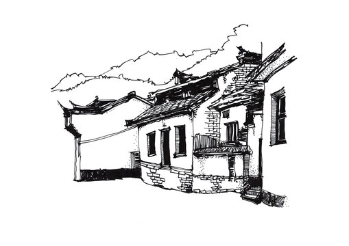 徽派村落建筑手绘
