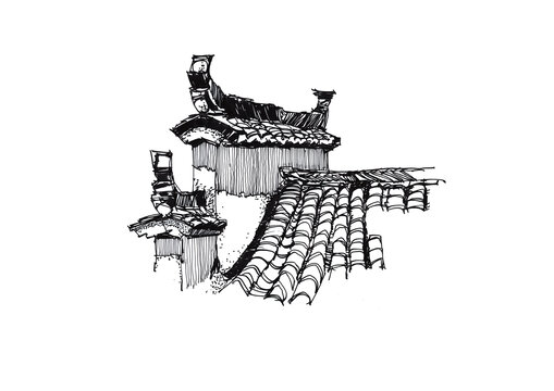徽派建筑手绘