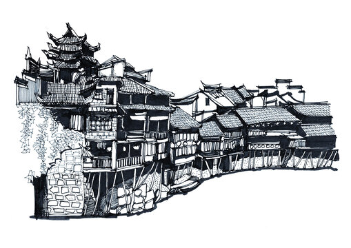 苗寨水乡建筑手绘