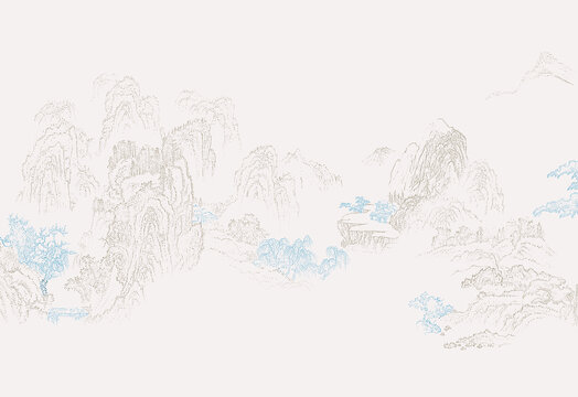 手绘线描山水禅意山水壁画