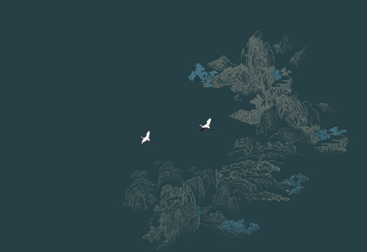 写意线描山水禅意山水壁画