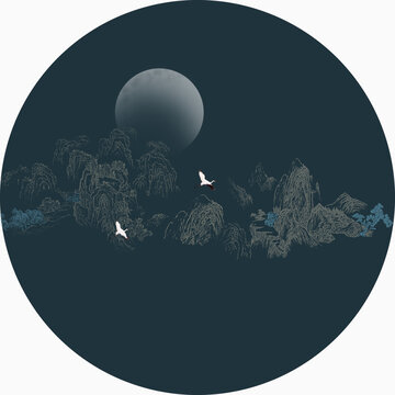 新中线圆形线描山水画