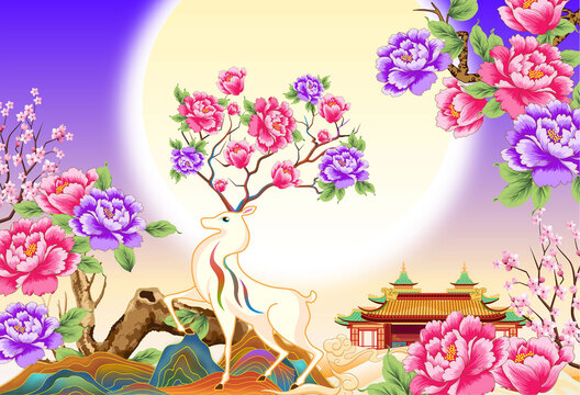 梦幻牡丹仙鹿矢量插画