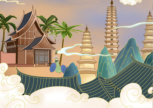 西双版纳城市地标建筑插画