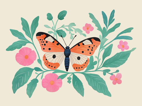 蝴蝶与鲜花复古插画