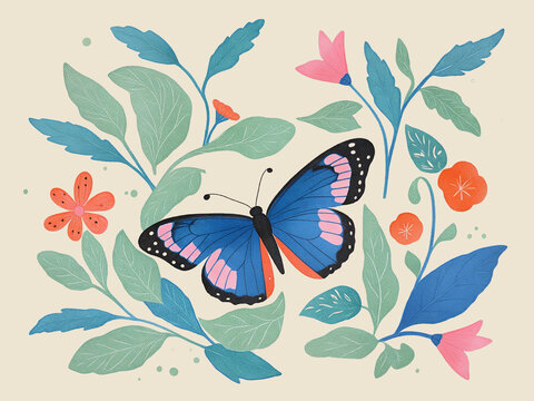 手绘蝴蝶与鲜花插画