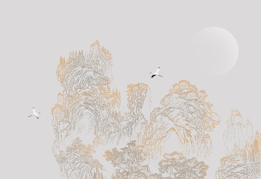 描金山水瑞鹤图描金线描山水画