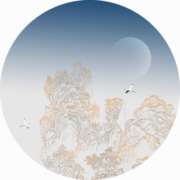 描金圆形山水瑞鹤图线描山水框画