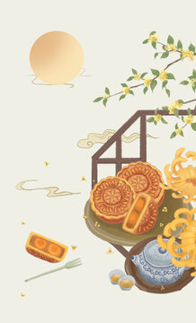 中秋节国风水彩插画包装海报