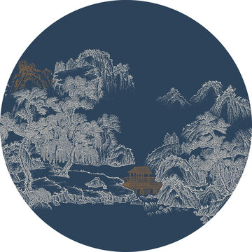 工笔圆形线描古建筑山水画