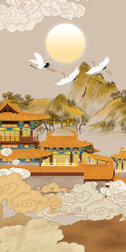 竖幅楼阁山水祥云壁画