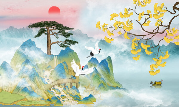 国潮迎客松山水画