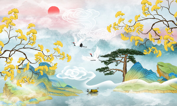 国潮迎客松山水插画