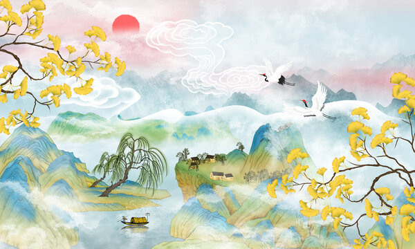 国潮银杏山水插画