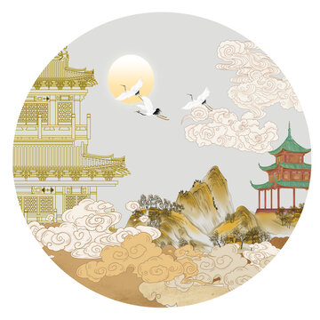 高端楼阁古建筑刺绣