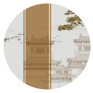 中式楼阁刺绣山水