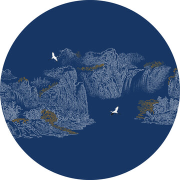 手绘圆形线描山水工笔国画山水