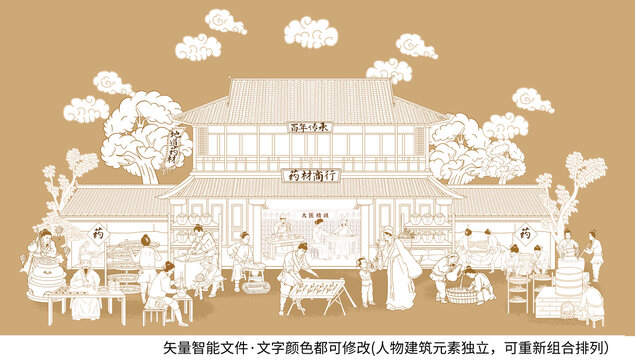 古代中医馆药铺线描图
