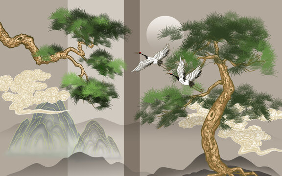 松鹤延年山水背景壁画
