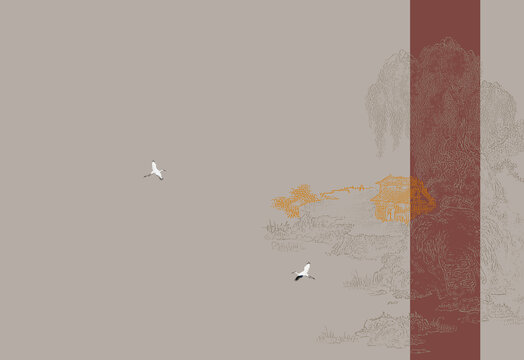 中式描金山水线描山水壁画图