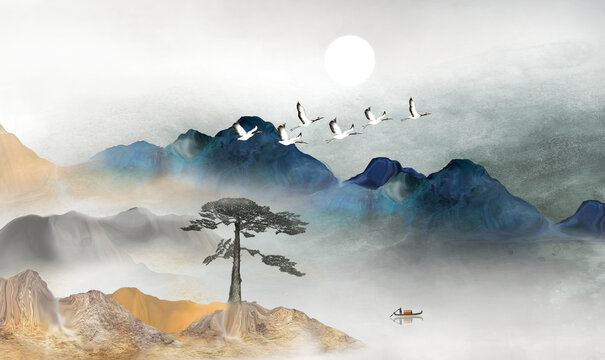 迎客松山水画