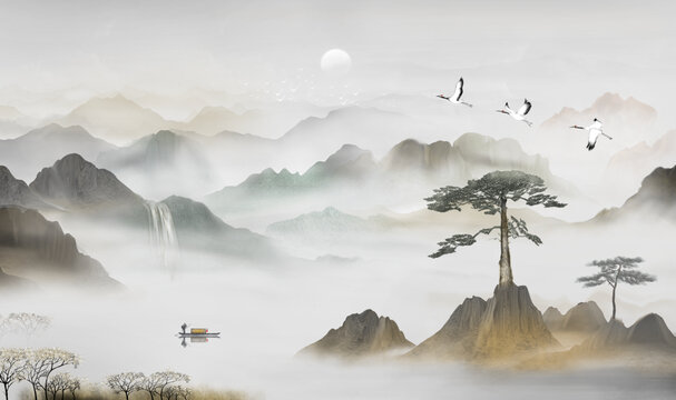 国潮迎客松山水画