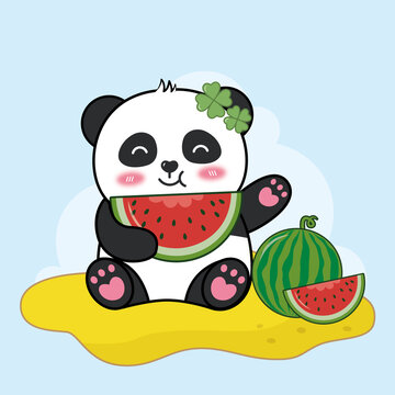 卡通熊猫吃西瓜夏日矢量插画