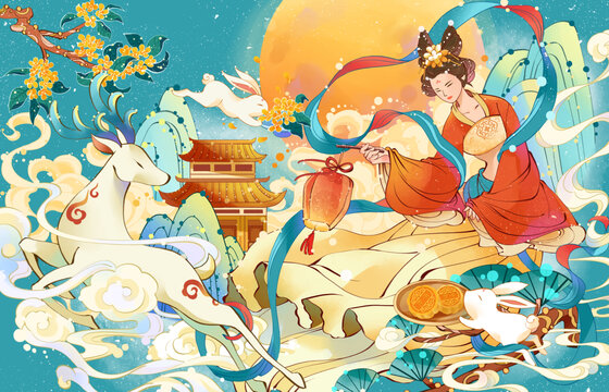 中秋节贺图插画月饼礼盒