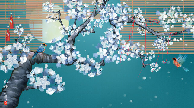 古风梨花花鸟画
