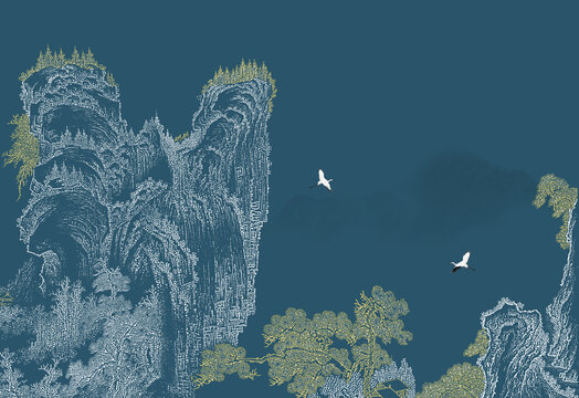 工笔线描描金山水中式壁画