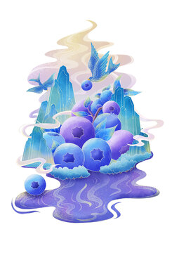 蓝莓国风手绘插画