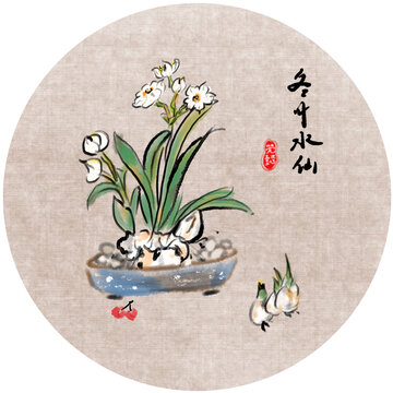 手绘水墨水仙花