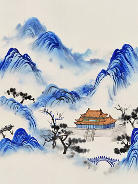 水墨国风山青花水装饰画